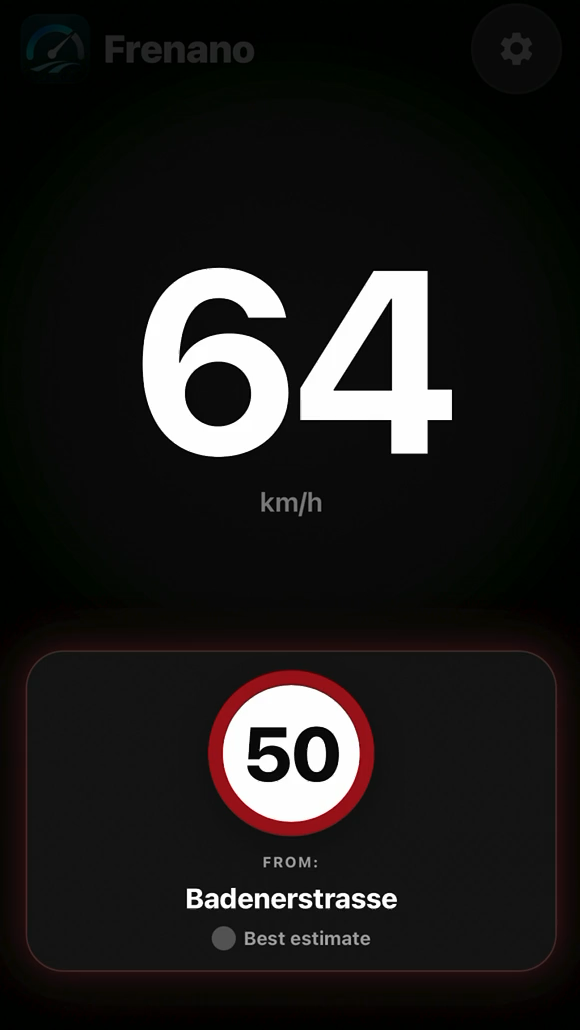 Frenano overspeed warning at 64 km/h with a 50 km/h speed limit