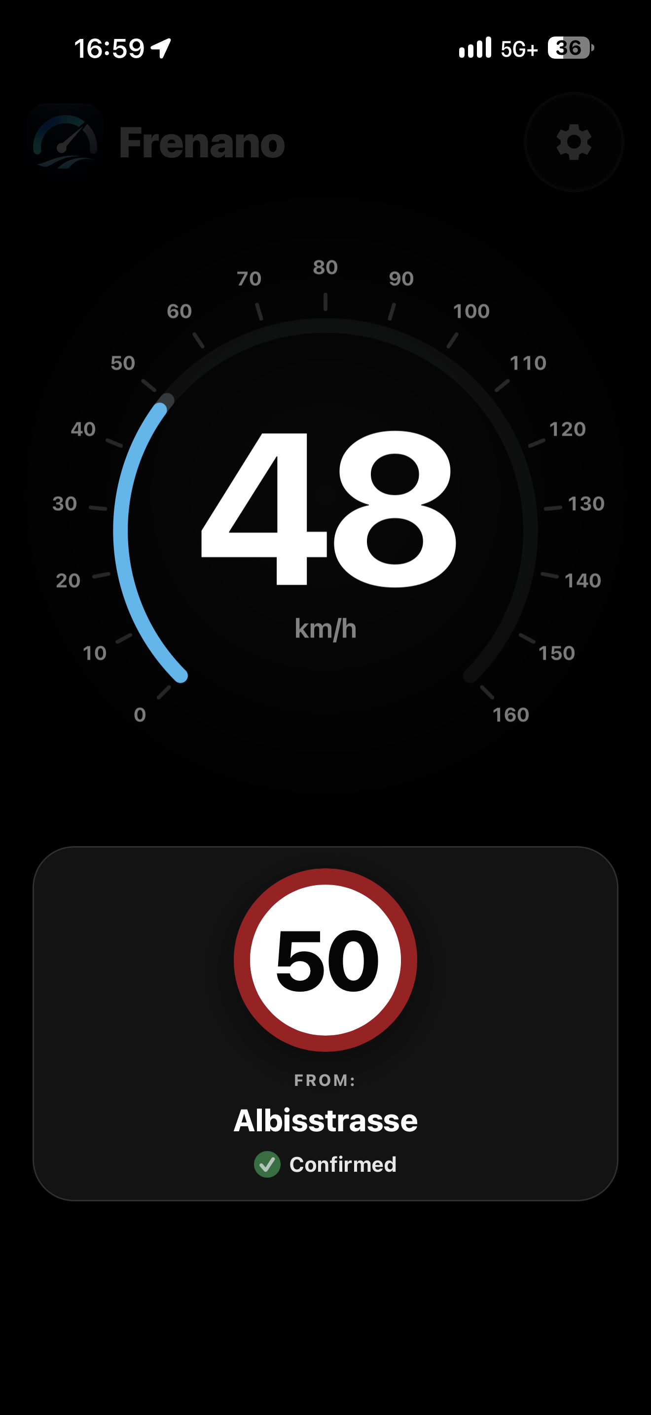 Frenano in dark mode with confirmed road information