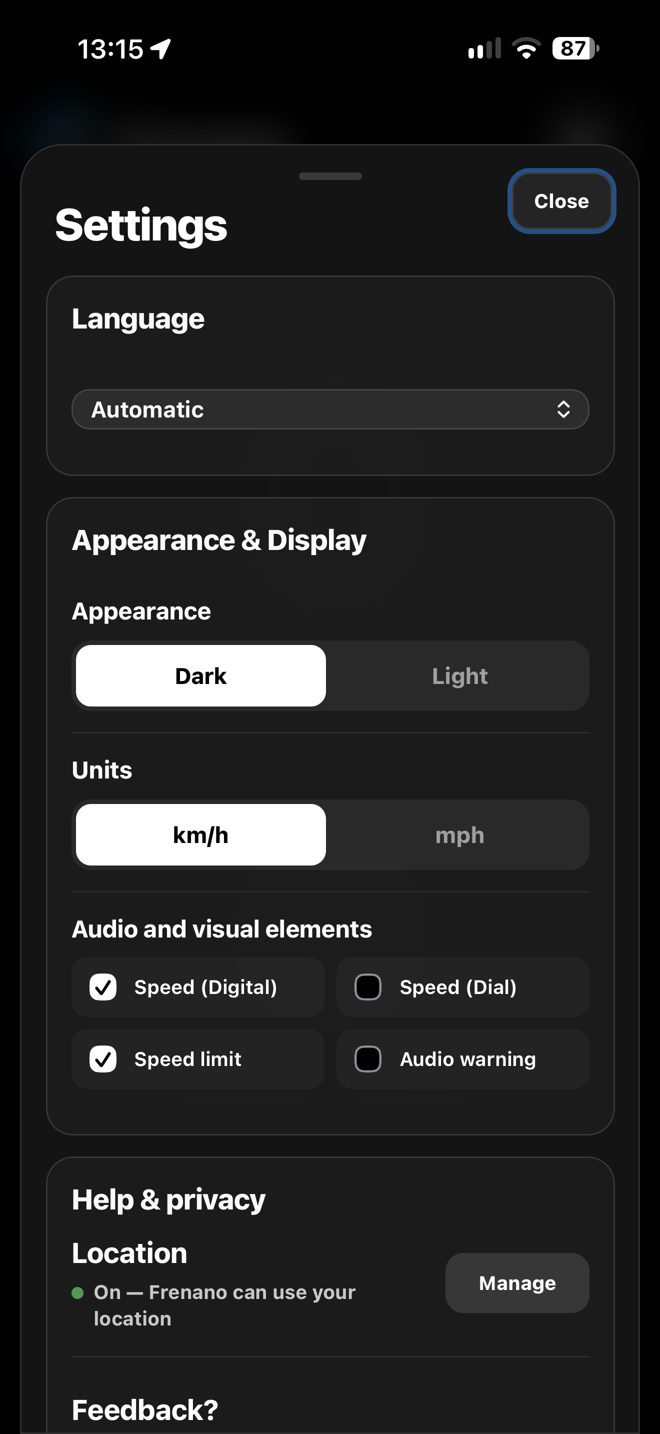Frenano settings with language, appearance, units and warning controls